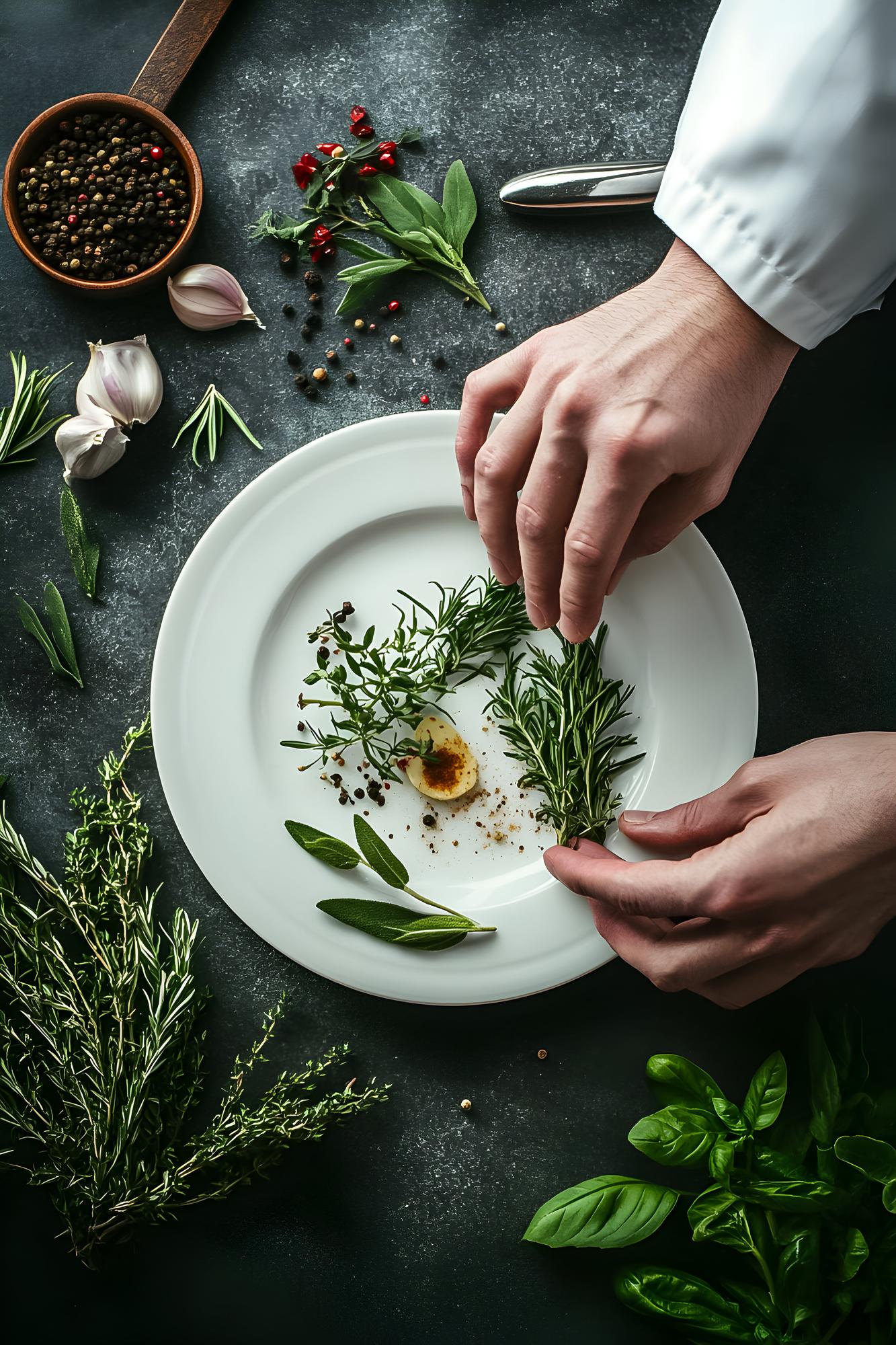 Hands arranging herbs on plate